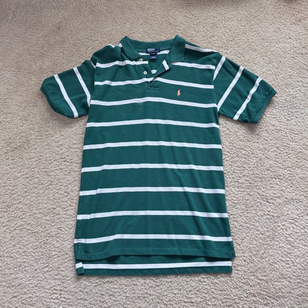 Vintage Ralph Lauren Men's Polo Shirt in Green and White